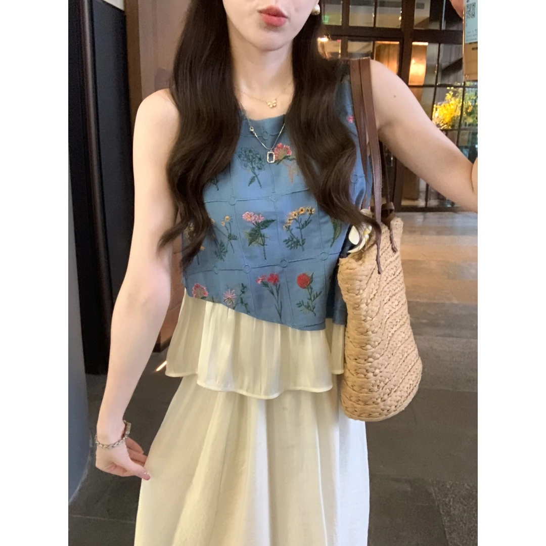 【现货】安璃 轻复古牛仔刺绣拼接设计感上衣