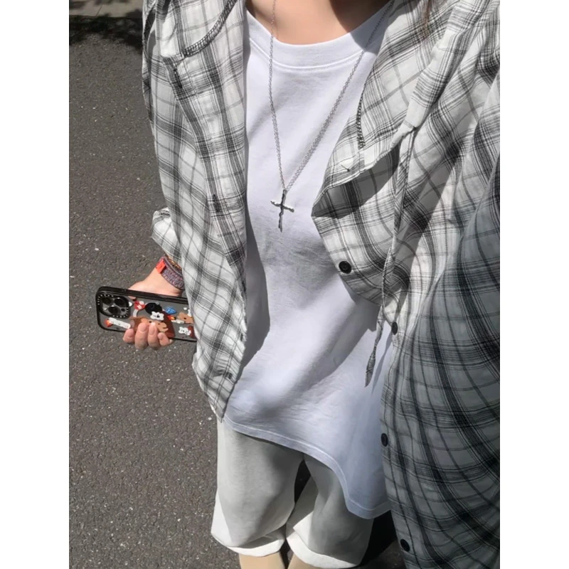白色连帽格子衬衫男女款夏季美式复古潮流休闲高级感长袖衬衣外套
