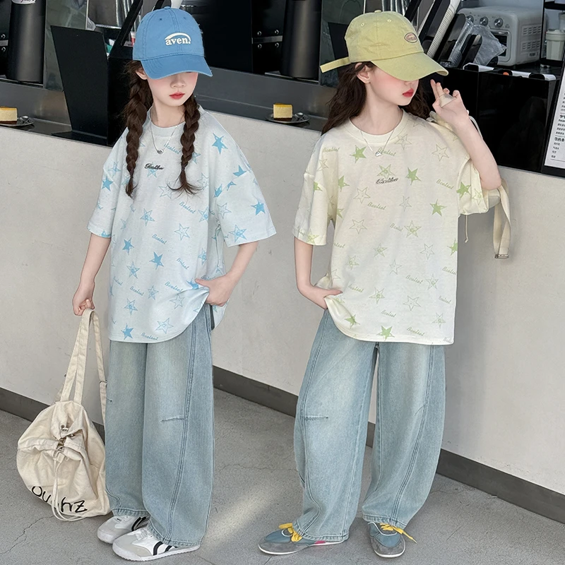 女童套装夏装2025新款儿童夏季短袖大童装牛仔裤洋气时髦网红衣服