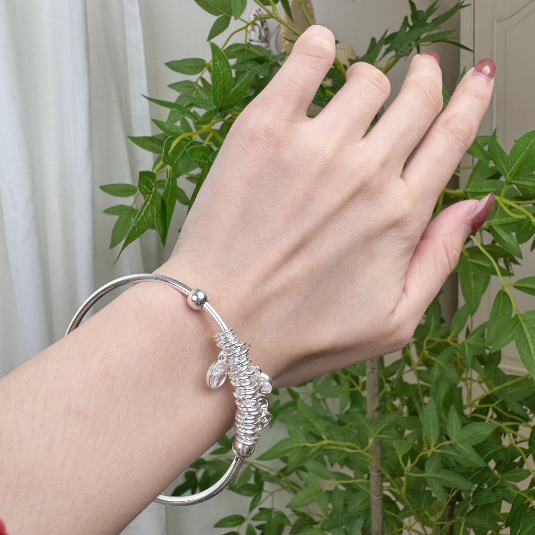 足银手镯 足银手镯推拉多圈平安喜乐复古实心足银999.9纯银手镯