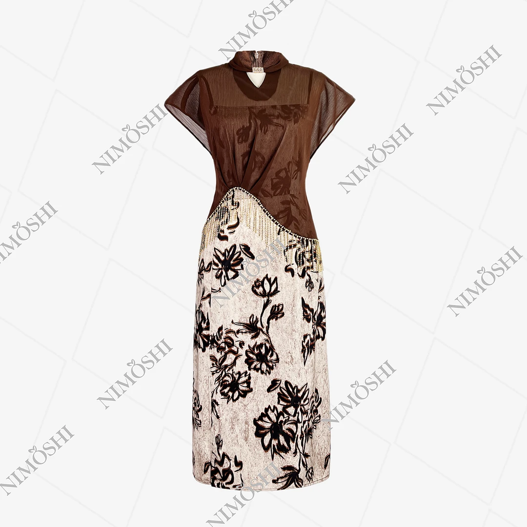 Dan总 夏季新款印花重工钉珠设计收腰气质连衣裙Q1679