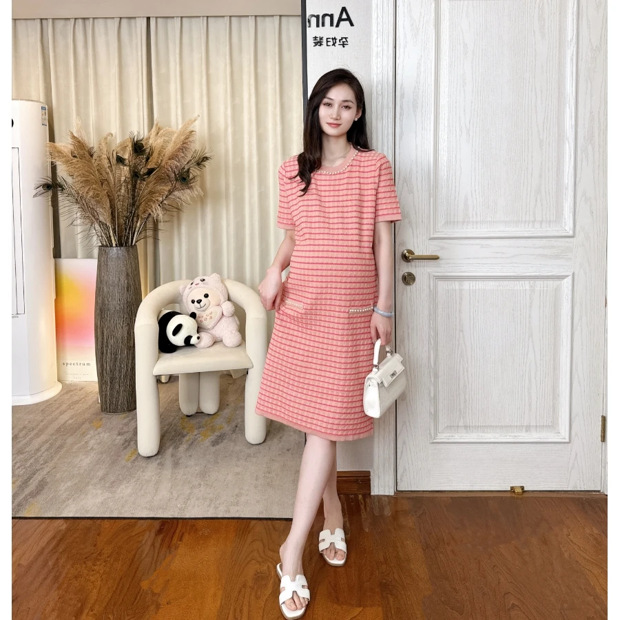 Ann&tens【珠珠小香】夏季精致中长款小香风裙钉珠条纹孕妇连衣裙