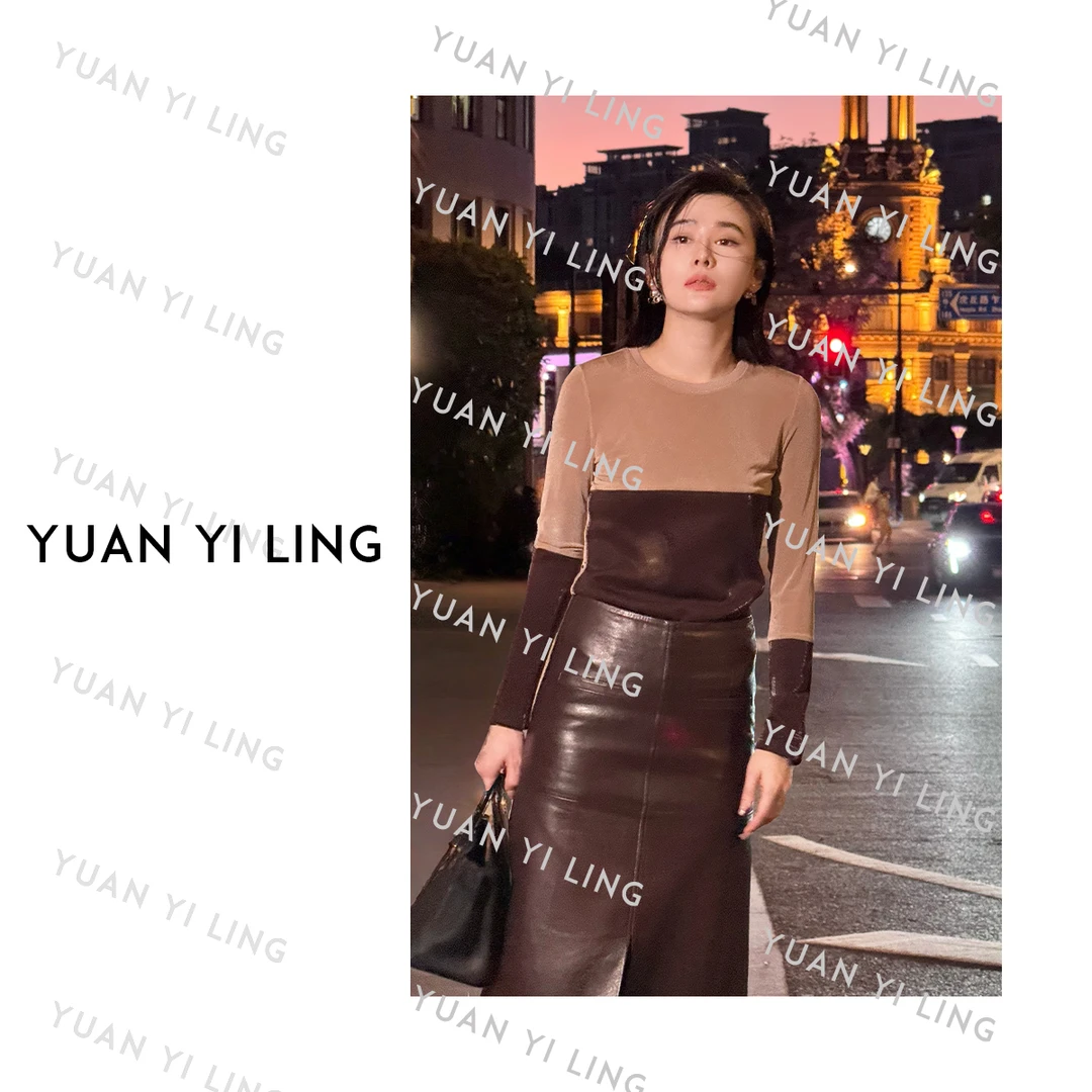 袁艺灵【朗姆酒】25秋冬醋酸撞色拼接水光感圆领设计感显瘦上衣3100