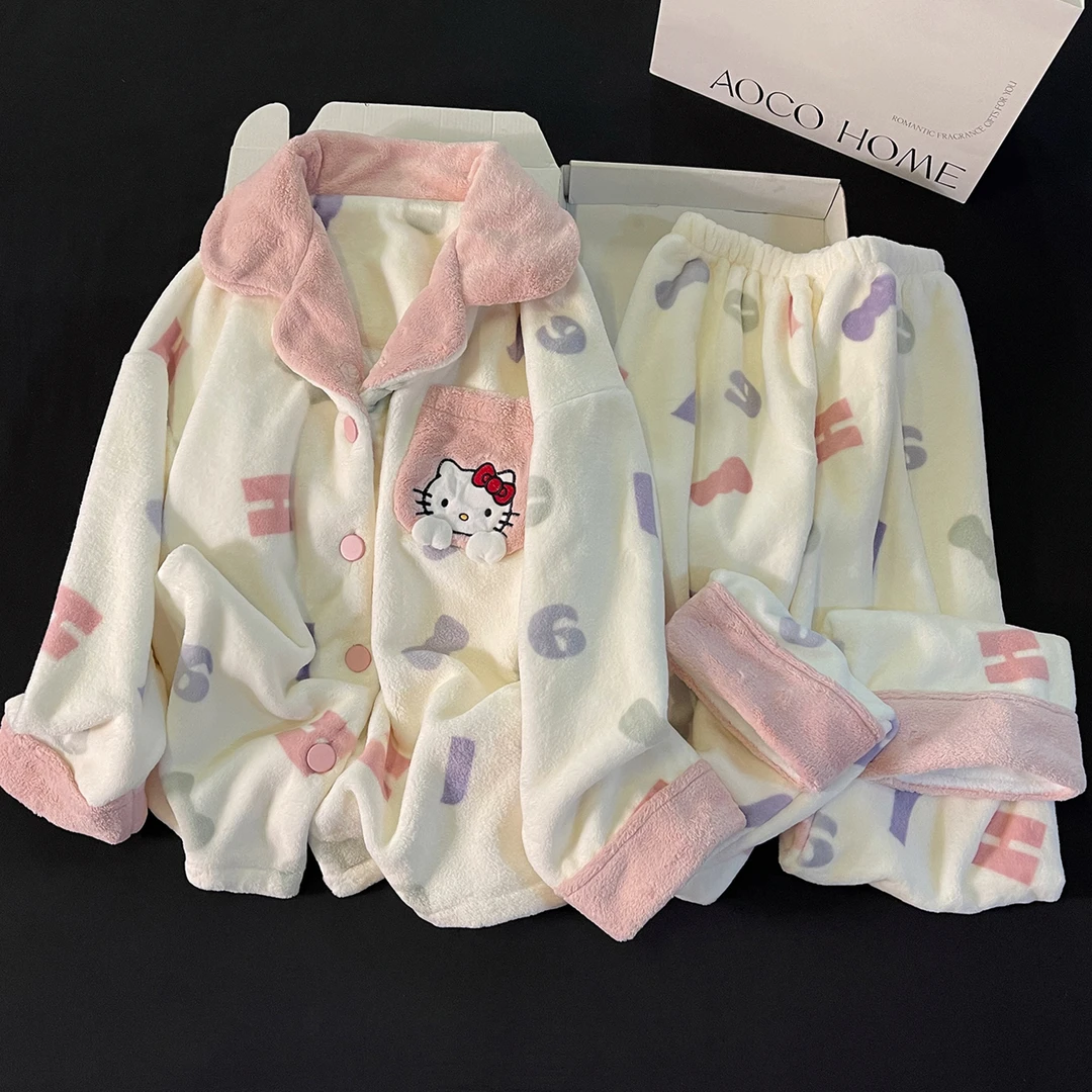 韩系风睡衣女冬季加绒加厚法兰绒开衫保暖甜美学生宽松家居服套装