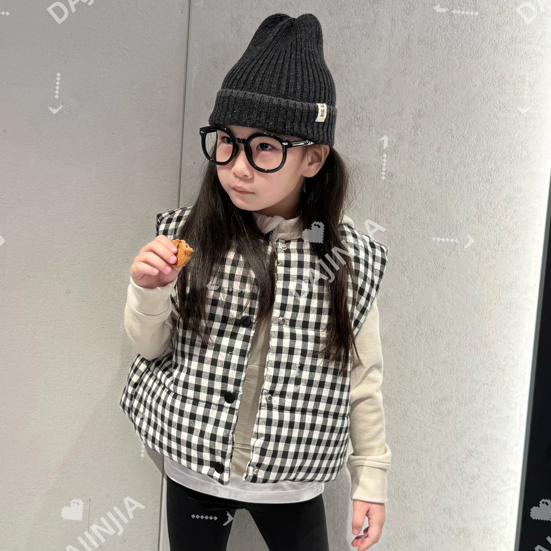 大金定制新款经典黑白格子男女童保暖无袖洋气夹棉百搭外套