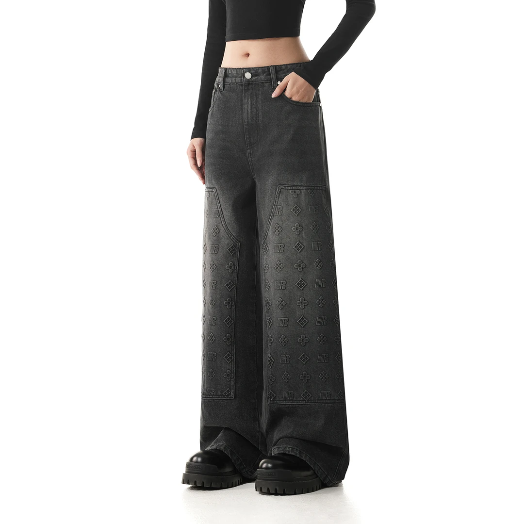 FDR官方店 压印牛仔裤男女秋冬宽松直筒裤美式复古情侣百搭阔腿裤