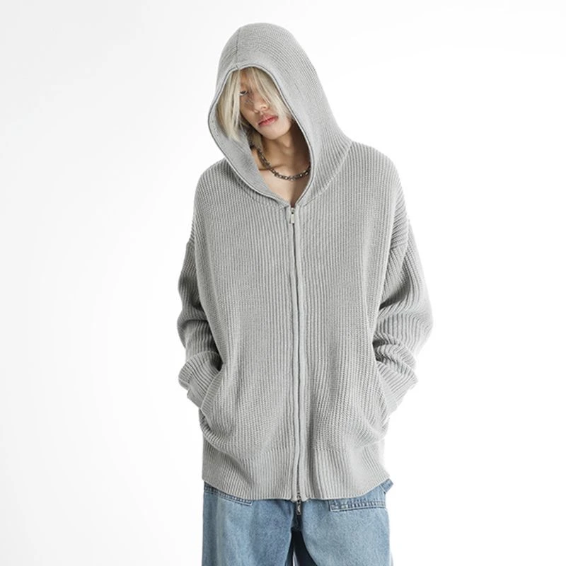 奉纺服饰慵懒风纯色连帽拉链毛衣男秋冬新款宽松时尚针织开衫潮