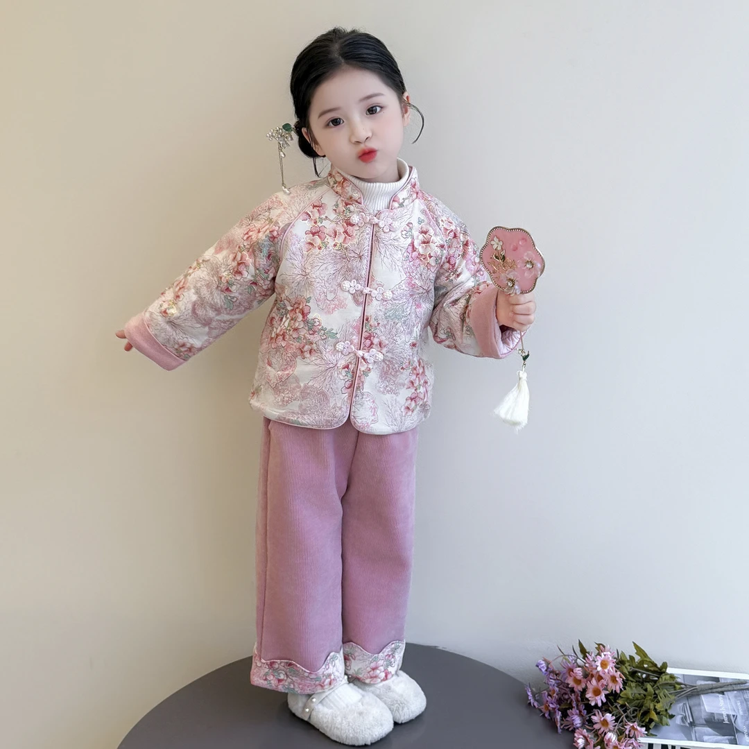 女小童新中式国风套装冬款女宝宝夹棉汉服唐装女孩国风两件套保暖