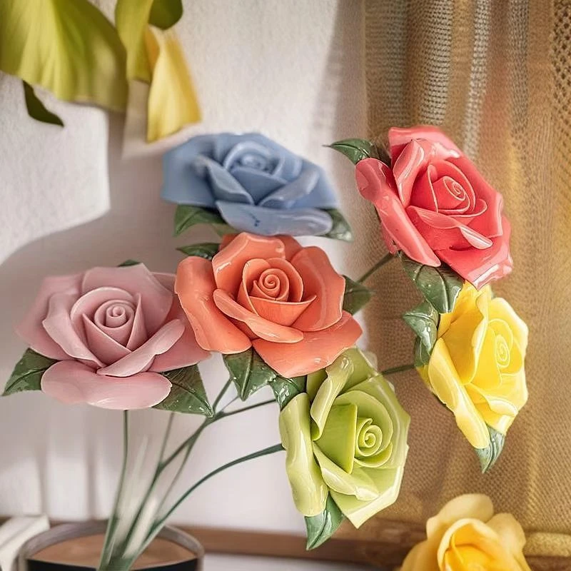 国潮仿真玫瑰花陶瓷花束创意客厅餐厅中式手工摆件花艺陶瓷玫瑰花