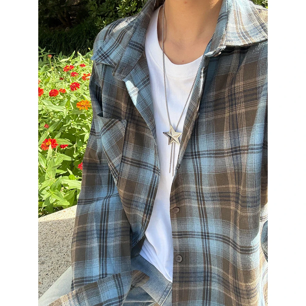 蓝棕色格子长袖衬衫男款春秋美式复古潮牌慵懒风痞帅宽松衬衣外套