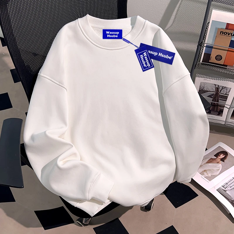 WASSUP HSUBE美式简约休闲纯色圆领卫衣重磅慵懒宽松男女同款上衣