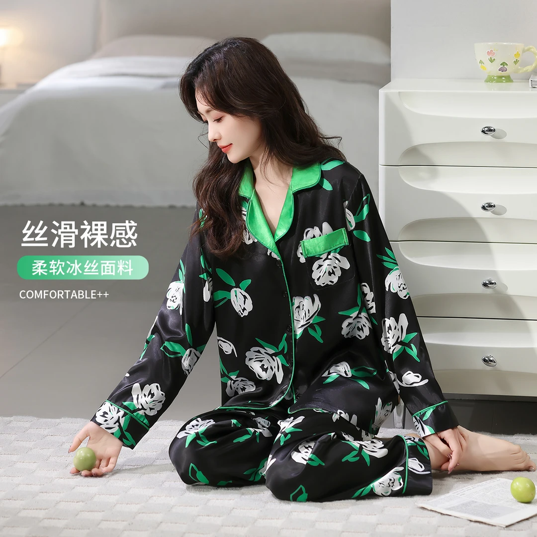 【裸感丝滑】七色纺冰丝绸家居服套装睡衣女秋透气2025新款仿真丝绸