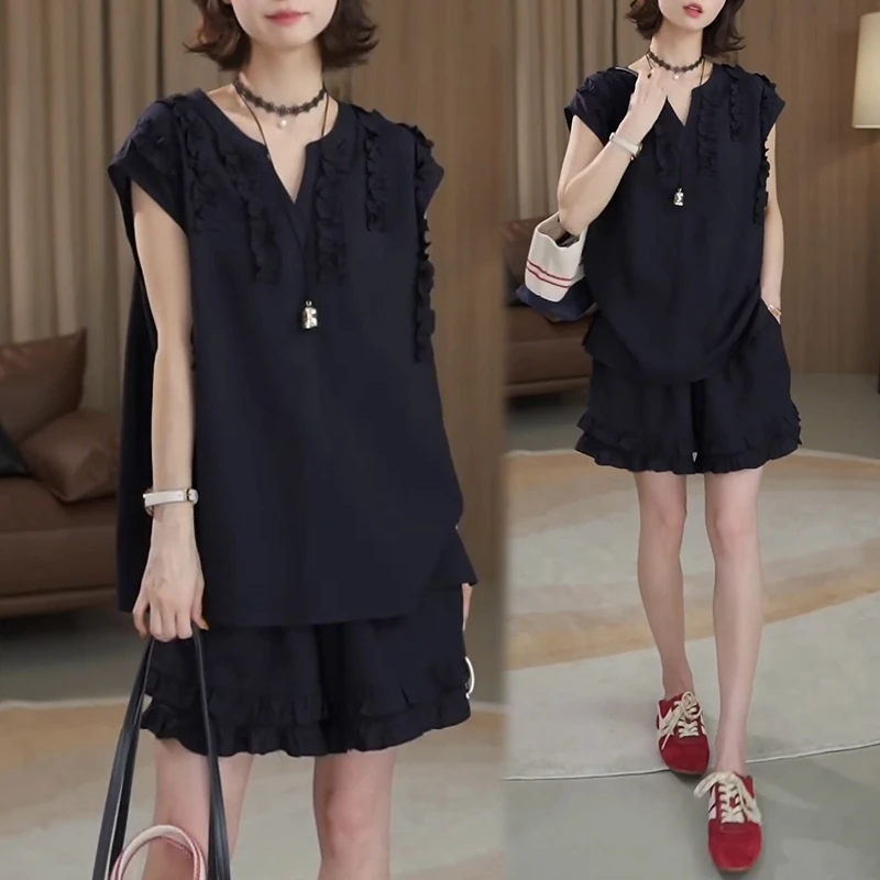 气质V领木耳边上衣搭短裤显瘦夏季套装2025新款时尚百搭高级感潮