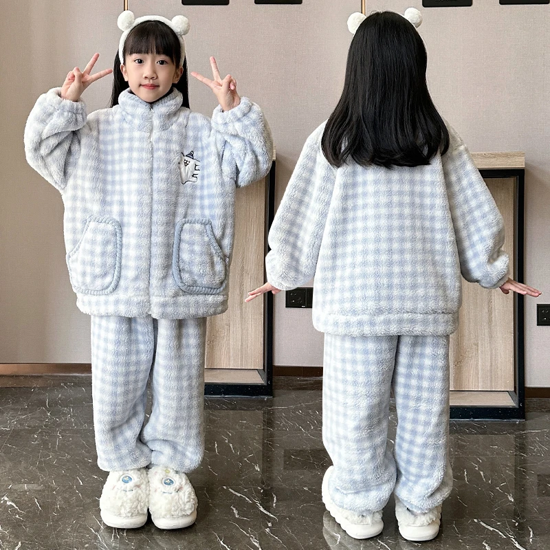 珊瑚绒儿童开衫睡衣冬季女童新款加厚大童女孩卡通外穿洋气家居服