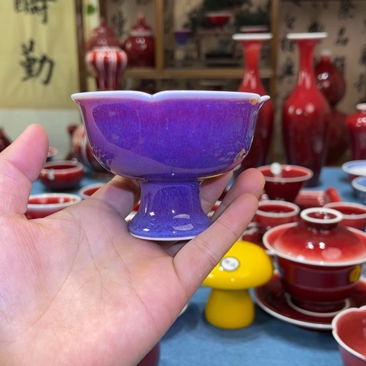 景德镇陶瓷玫瑰紫花口高足杯
