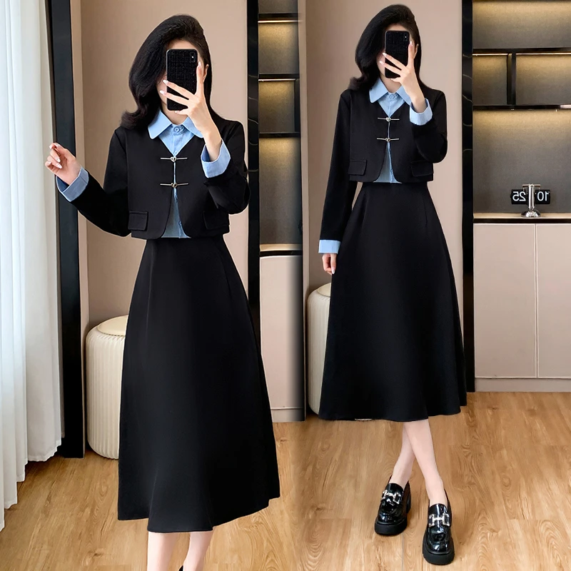 大码女装 2025秋季新款大码女装气质中长款假三件套拼接显瘦连衣