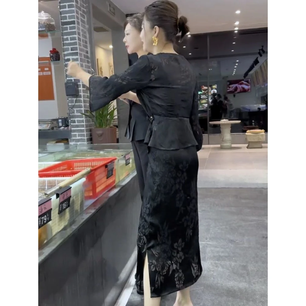 【嘉绸】【蕾丝装饰】时尚气质套装2025年春夏新款高级感七分袖上衣半