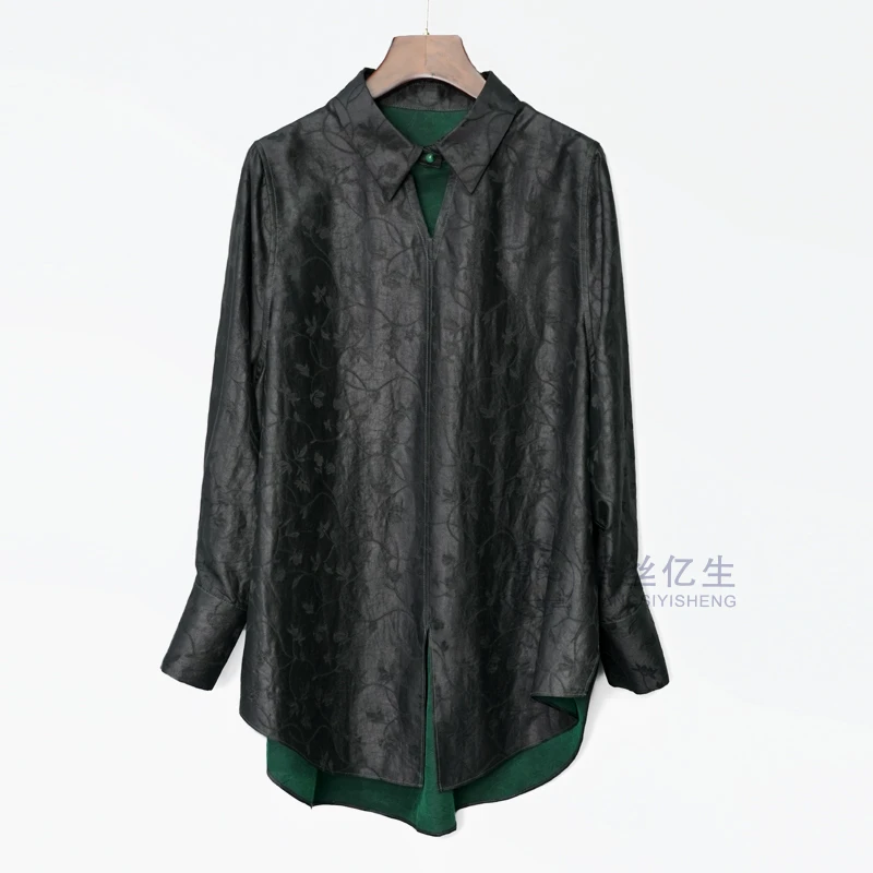 香云纱缎龟百搭时尚衬衣长袖女装黑色衬衫X3062