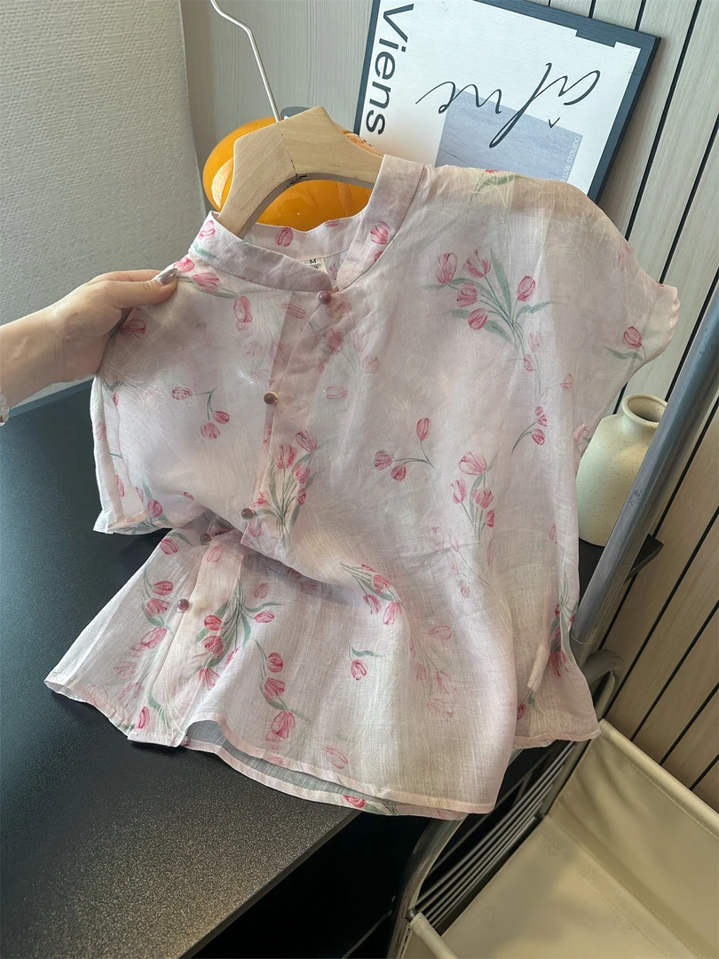 新中式粉色提花立领薄款微透衬衫女2025年韩系绣花轻奢高级上潮