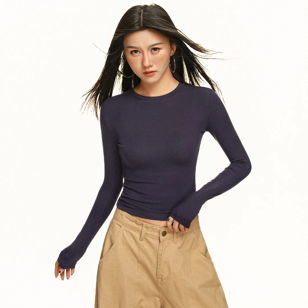 2025秋冬季紧身正肩修身内搭长袖齐腰百搭上衣打底衫欧美式t恤女