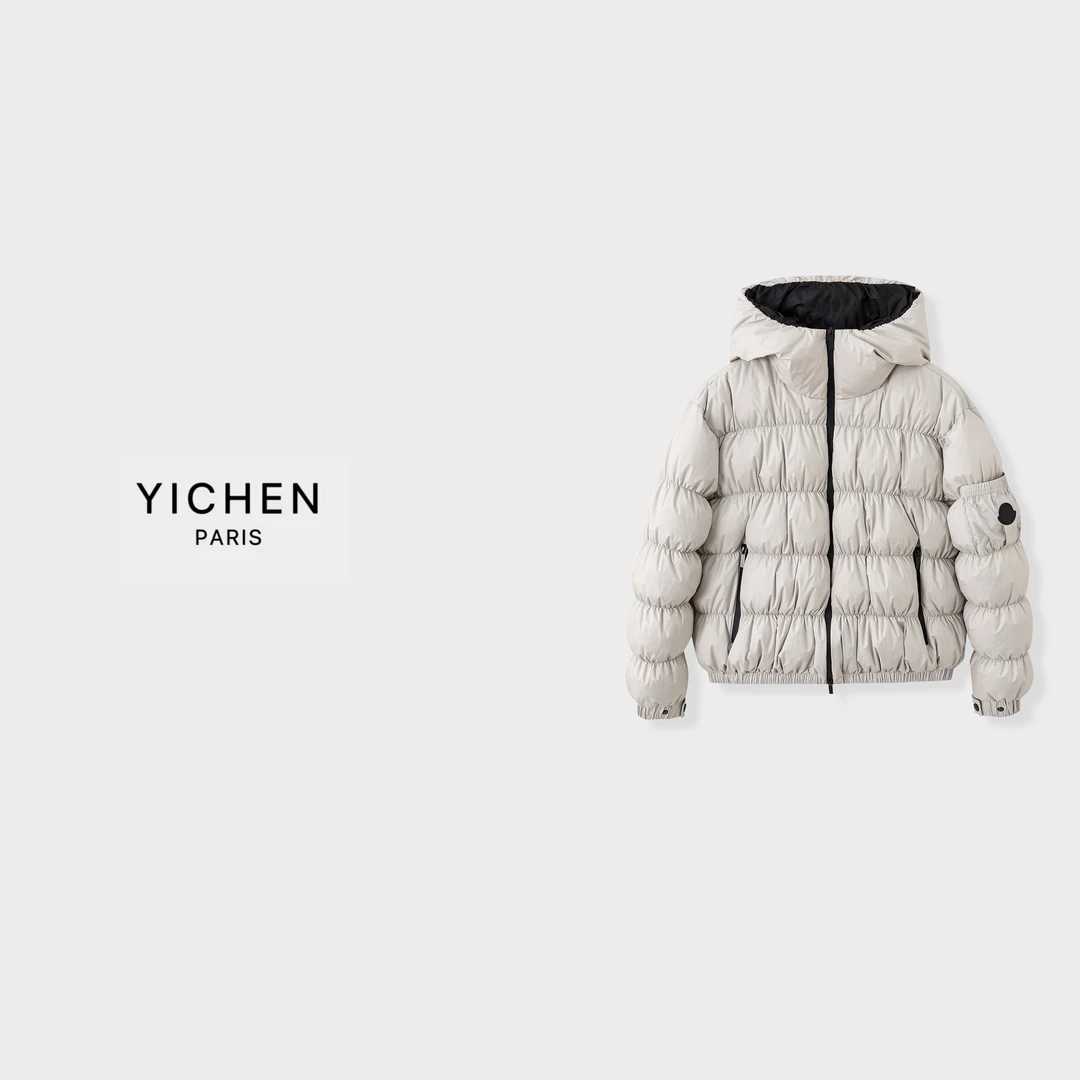 YC 灰白色【毛毛虫】连帽徽标热力感羽绒服-4045