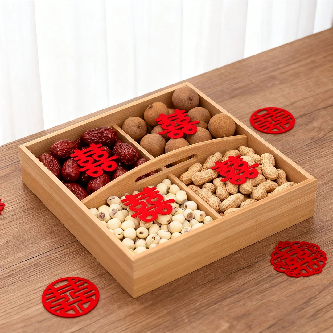 中式实木干果盘四宫格竹制零食糖果盒婚庆摆台早生贵子水果茶托盘
