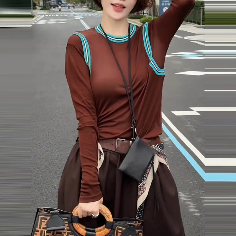 纯欲慵懒风女装撞色T恤女早秋季新款长袖打底衫内搭修身上衣女