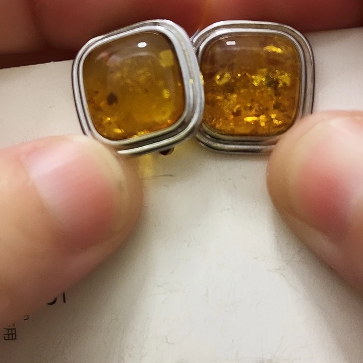 琥珀（花珀）银S925镶嵌耳饰琥珀