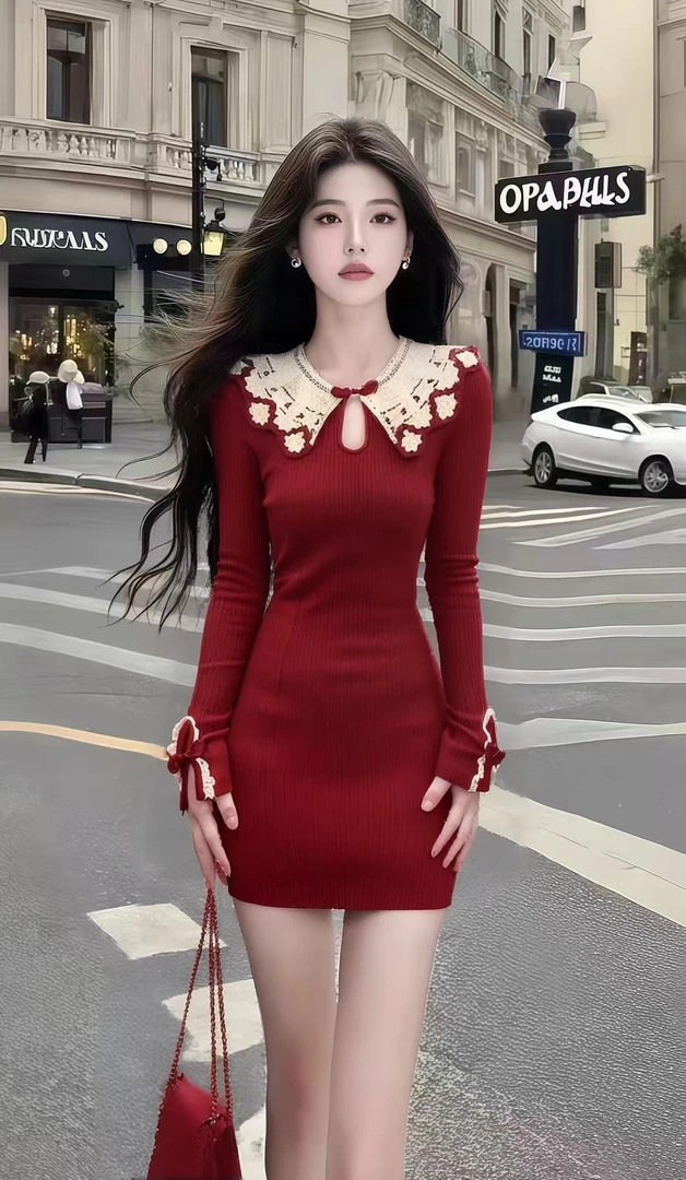 小香风氛围感纯欲辣妹风红色不规则领型长袖修身收腰包臀连衣裙女