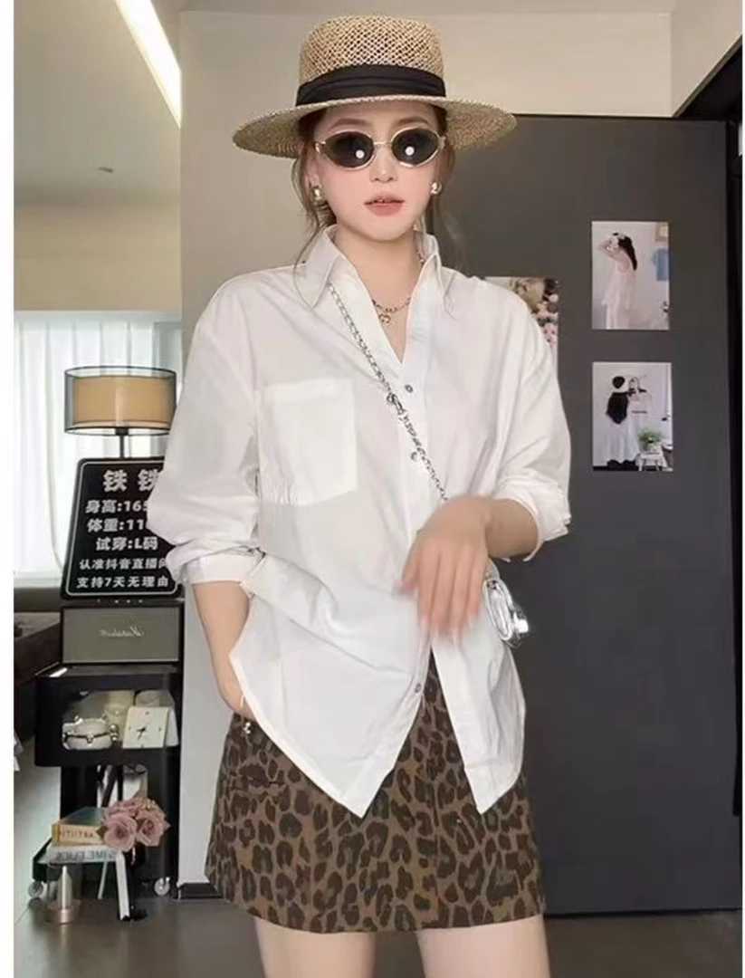 秋季新款休闲百搭白色翻领泡泡袖收腰女士衬衫