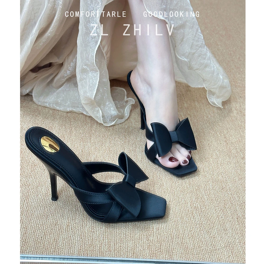 芝侣性感露趾高跟鞋女2025新款宴会黑色蝴蝶结后空方头细跟凉鞋