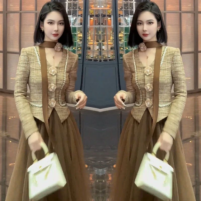 高级感秋季新款套装裙小香风韩版甜美花朵编织纹外套半身裙两件套