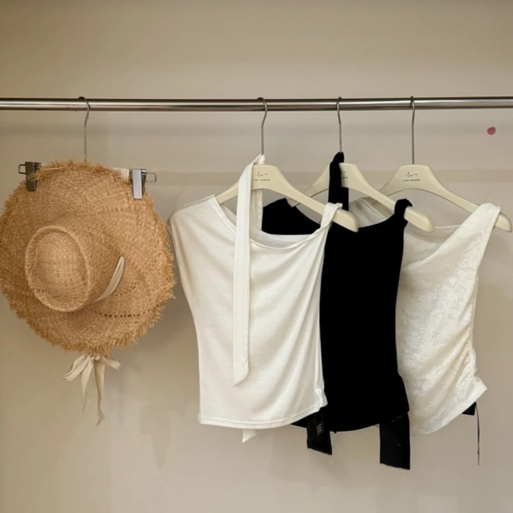 85094 韩系蝴蝶结绑带斜肩短袖