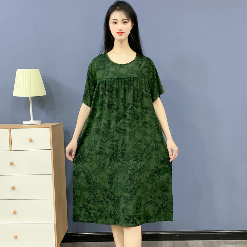 棉绸睡衣女夏季新款短袖睡裙大码人造棉中年宽松家居服薄款Y161