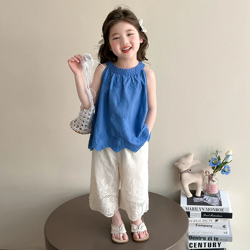 女童挂脖刺绣套装洋气儿童夏季新款女宝宝阔腿裤两件套小女孩时髦