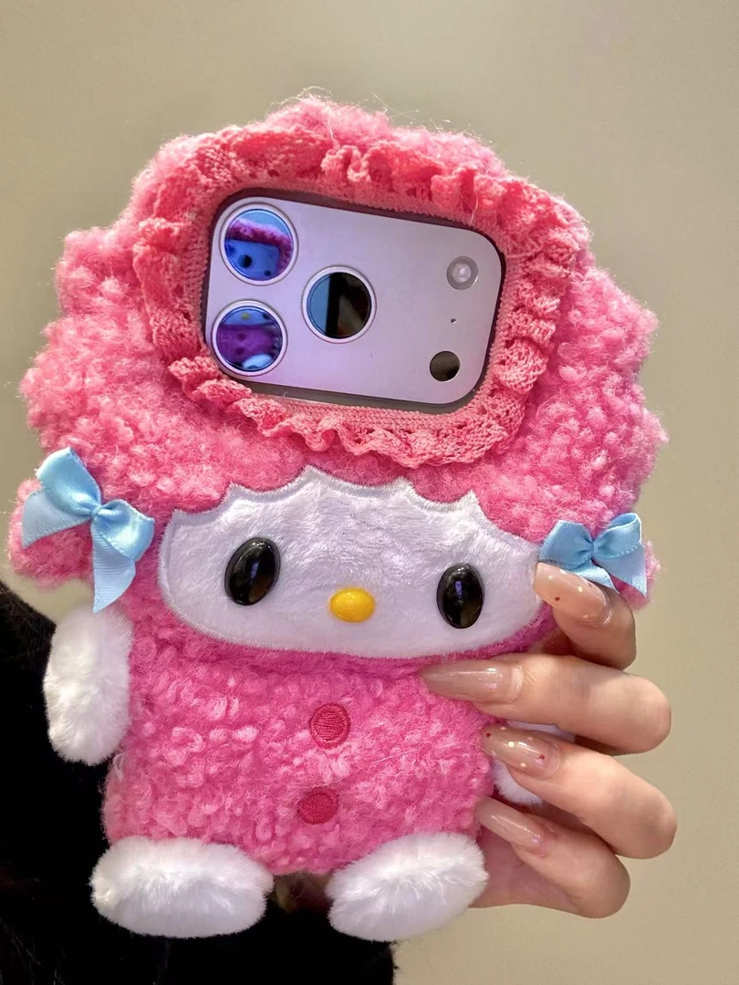 软萌可爱毛绒双蓝色蝴蝶结小羊适用iphone17promax苹果16手机壳15