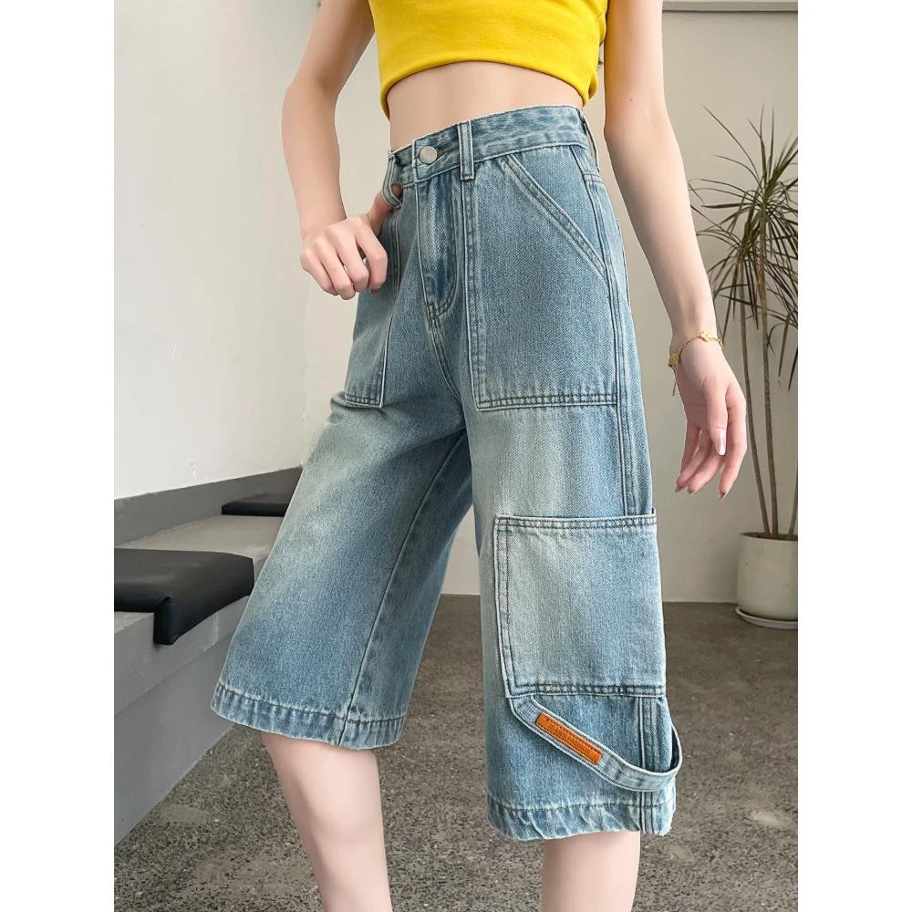 美式工装七分阔腿牛仔裤女2025夏季薄款宽松小个子7分直筒中裤子
