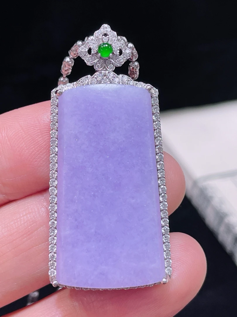 缅甸天然翡翠a货紫罗兰无事牌吊坠18k金镶嵌