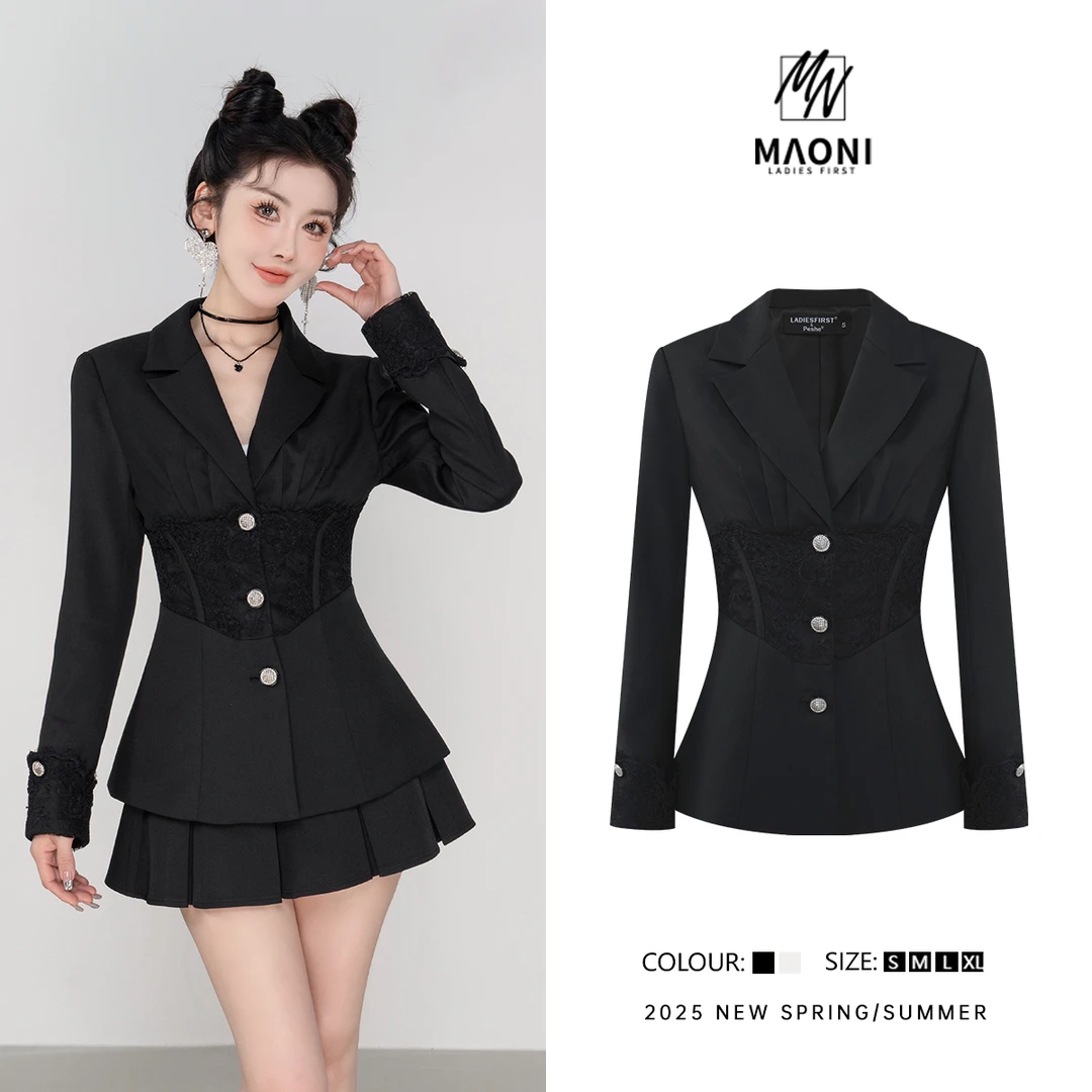 毛妮Peshe【拼接蕾丝外套】长袖V领显瘦气质修身西装2025春 L1244