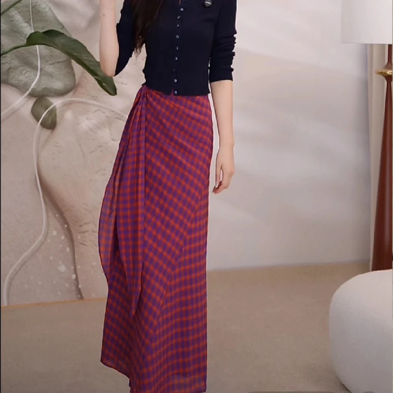 阿玛施夏季新款法式A字裙气质百搭红色格纹半身裙子520021