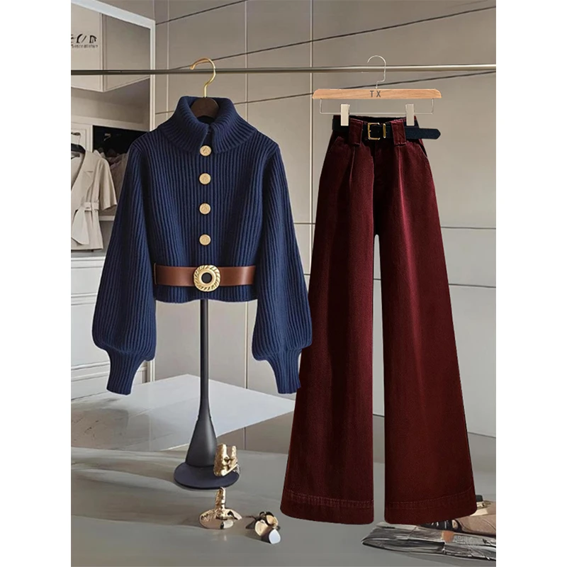 法式蓝色小香风针织衫女秋冬季高级感时尚减龄红色西装裤两件套装