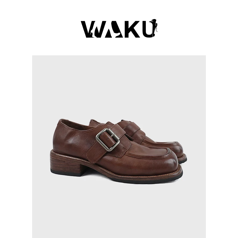 水洗马皮方头金属扣带一脚蹬乐福单鞋