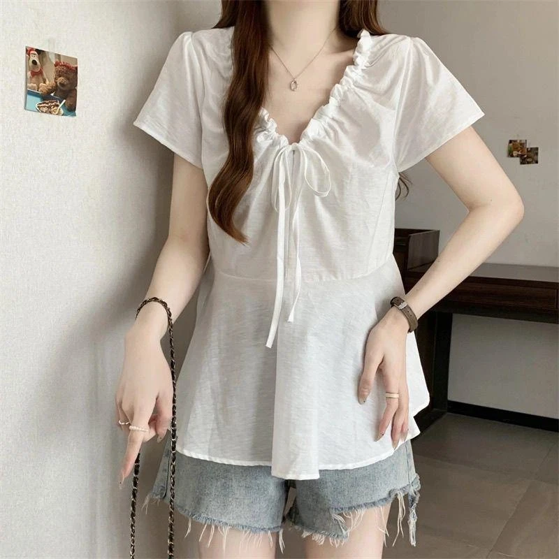 设计感抽绳V领短袖衬衫女2025夏季新款宽松微胖韩系收腰遮肚上衣