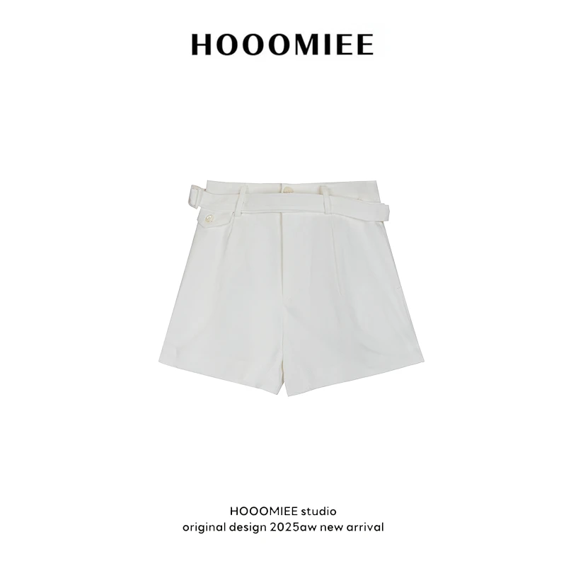 Hooomiee白色气质通勤简约亚麻休闲女士短裤（带腰带）20254B47