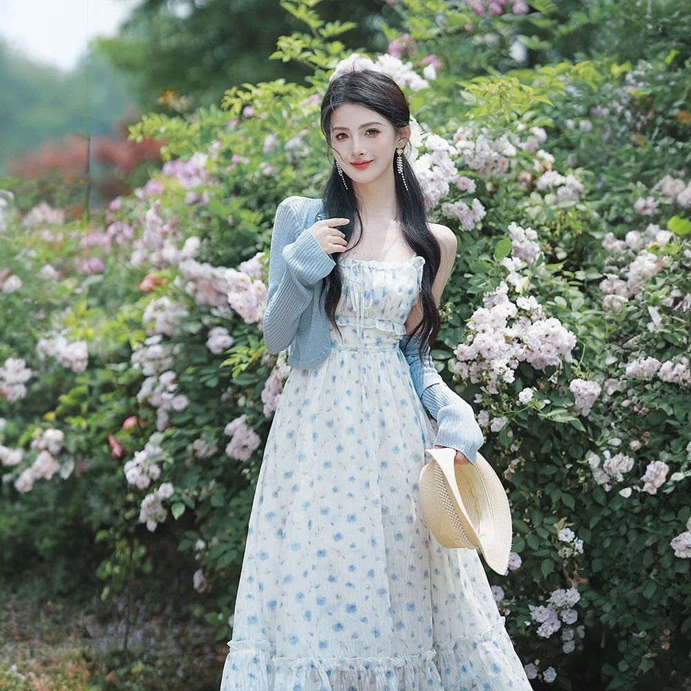 【繁花将至】法式气质温柔风仙气碎花吊带连衣裙修身显瘦长裙8051
