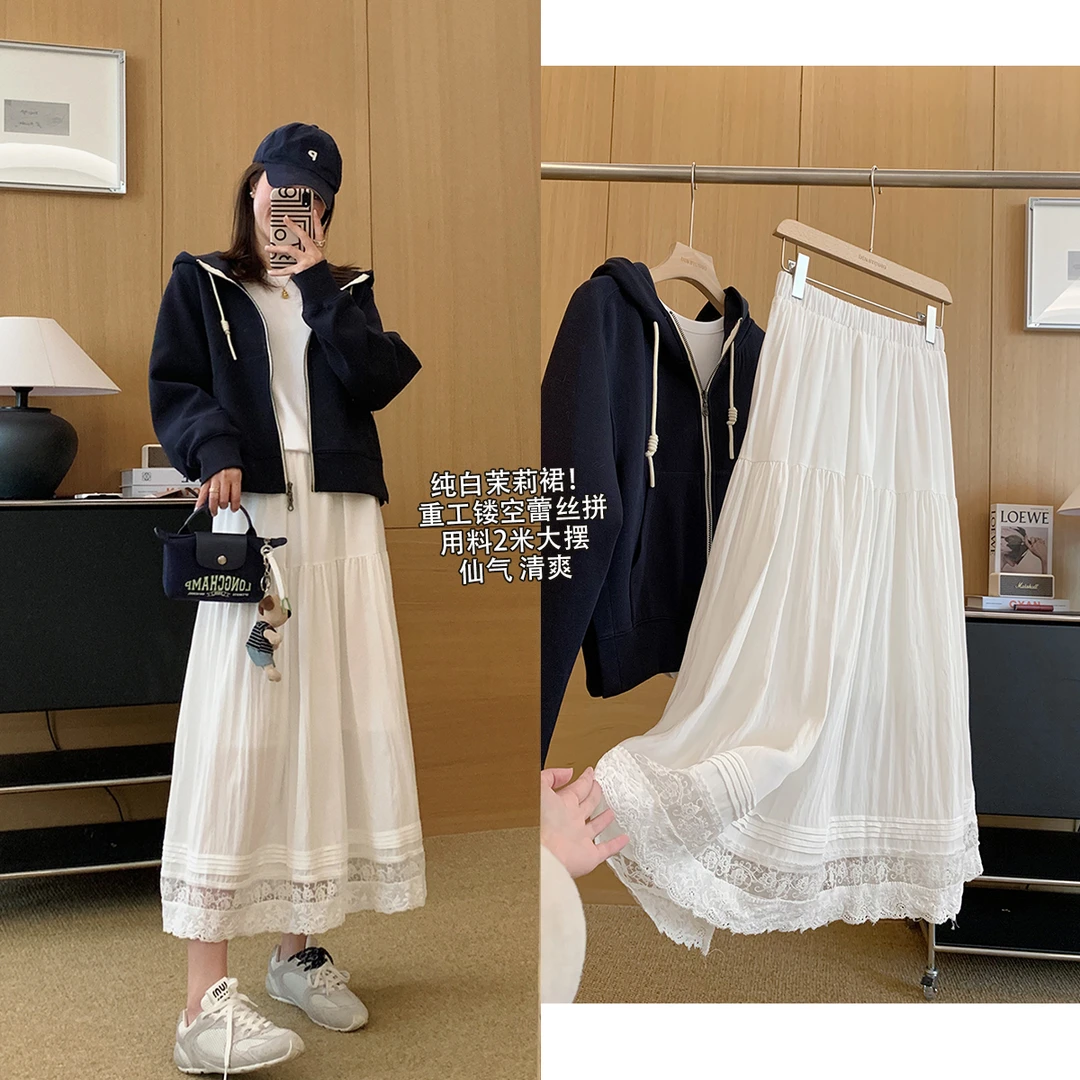 大叮自制【纯白茉莉裙】用料2米镂空蕾丝拼接A字大摆半身裙！Q642