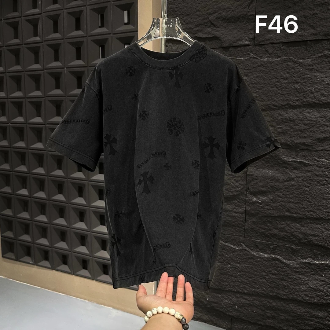 F46-夏季潮牌上新十字架激光烧花重磅复古洗水男女同款个性短袖