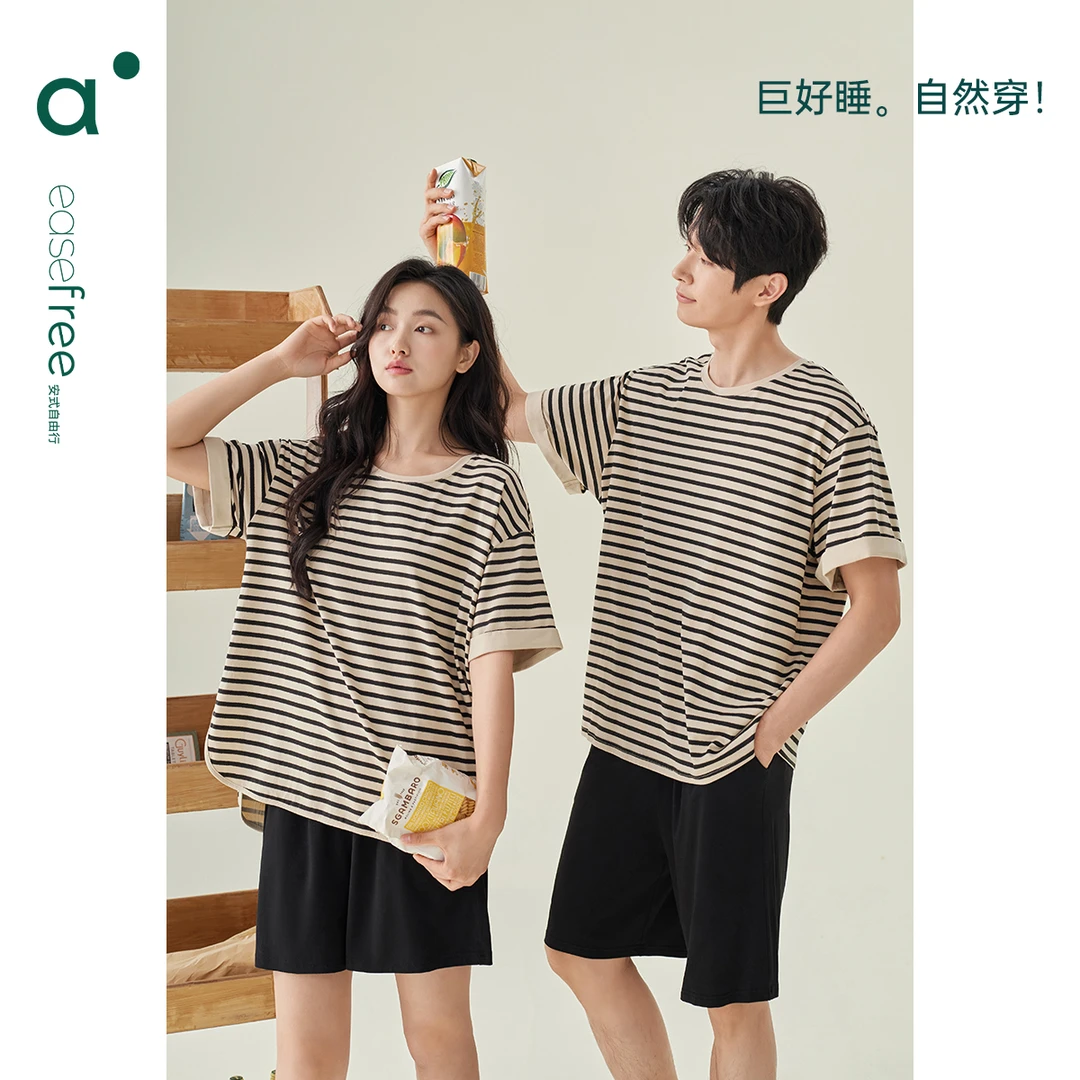 安之伴纯棉睡衣女套装情侣夏季男士条纹可外穿透气男生学生家居服