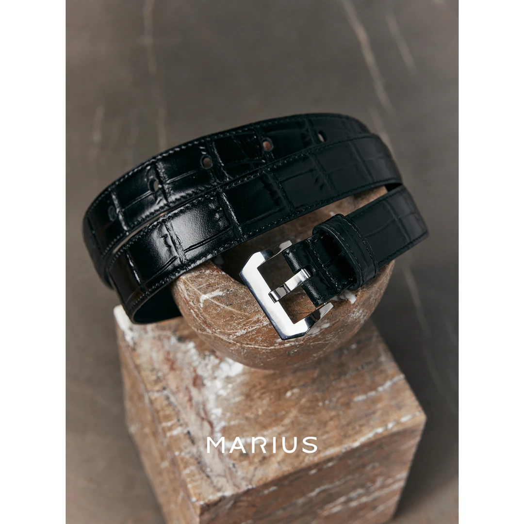 MARIUS经典百搭高端牛皮压花工艺简约复古鳄鱼纹真皮装饰腰带