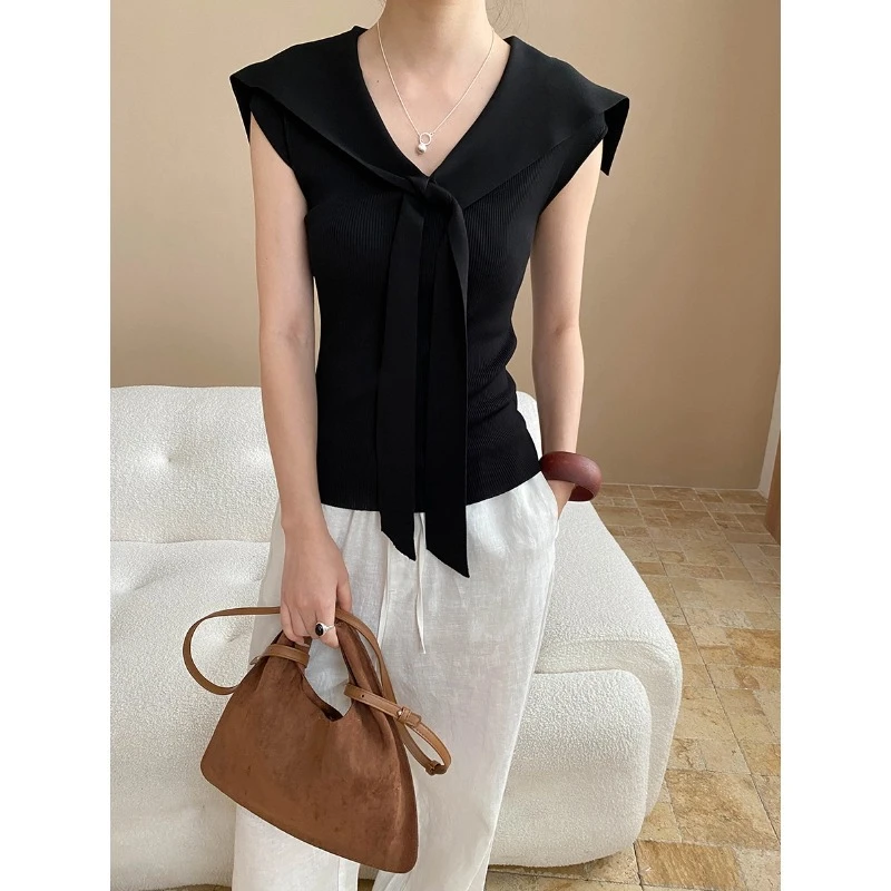 【瀚宸优品】时髦加分项曲珠冰丝设计感假两件海军领针织衫短袖